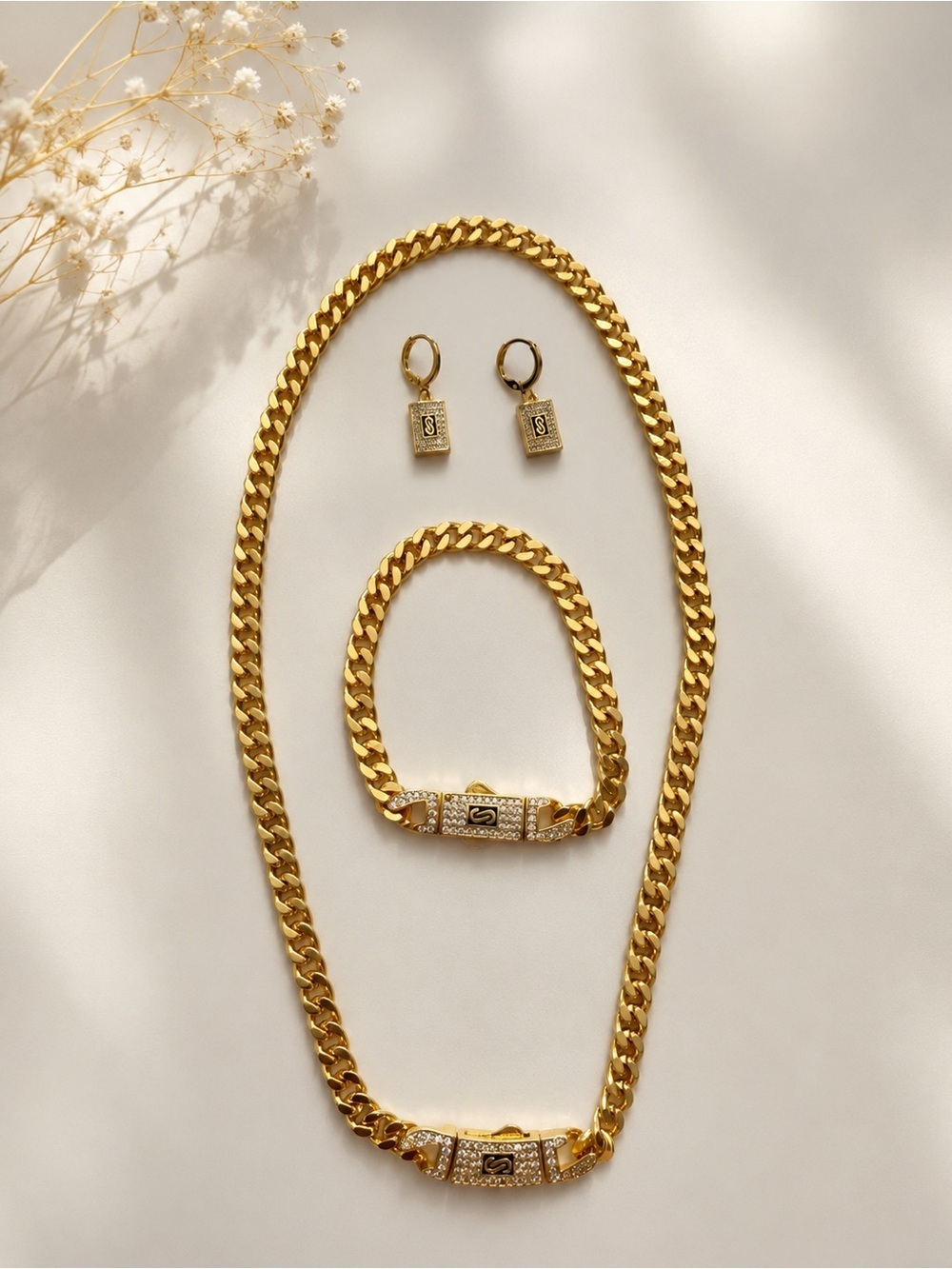 Gold-Tone Cuban Link Necklace, Bracelet & Earrings Set | Monaco Lock